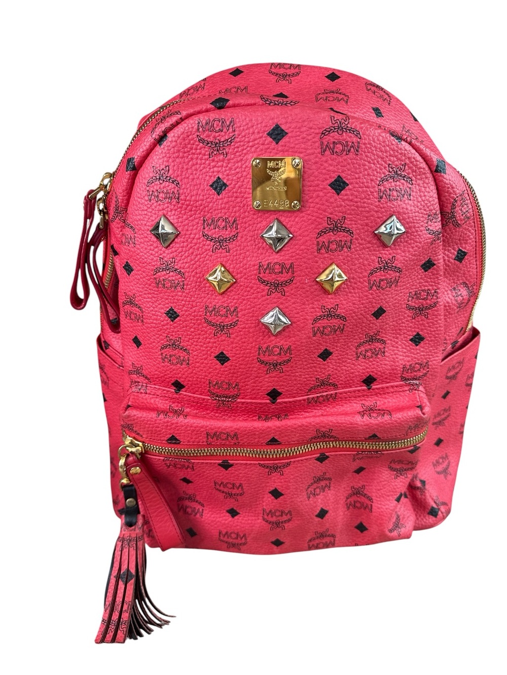 MCM Pink Visetos Studded Backpack